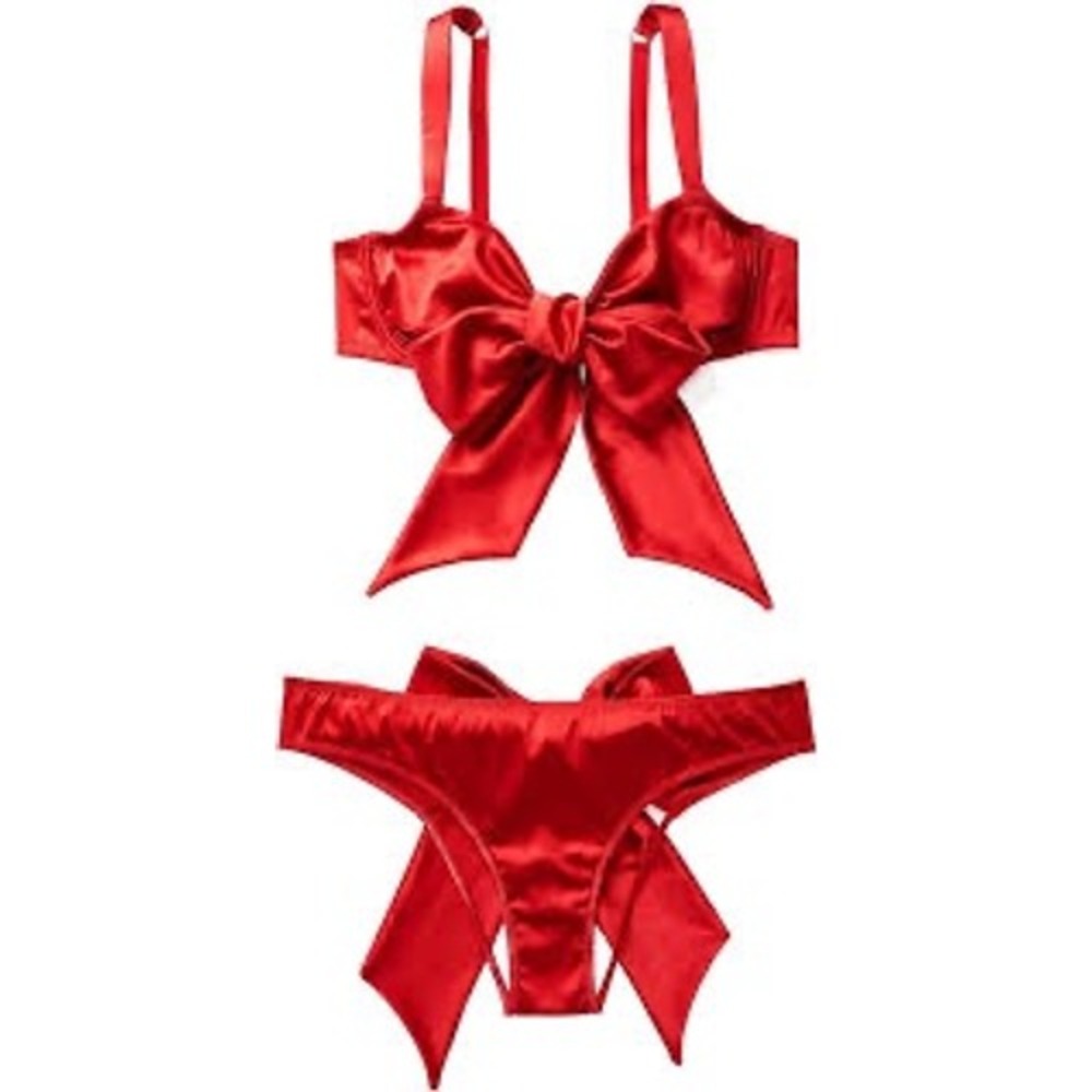 NEW Adore Me True Red Satin Bow Lingerie Set Underwire Bralette Thong 1X Large